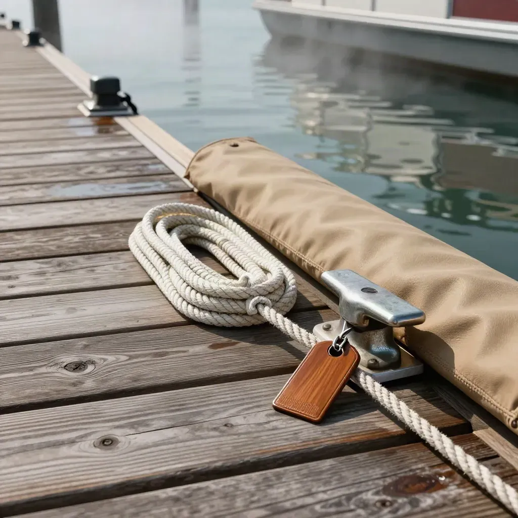 Pontoon key tag, coiled rope, cleat and canvas cover on a misty dock by the water.