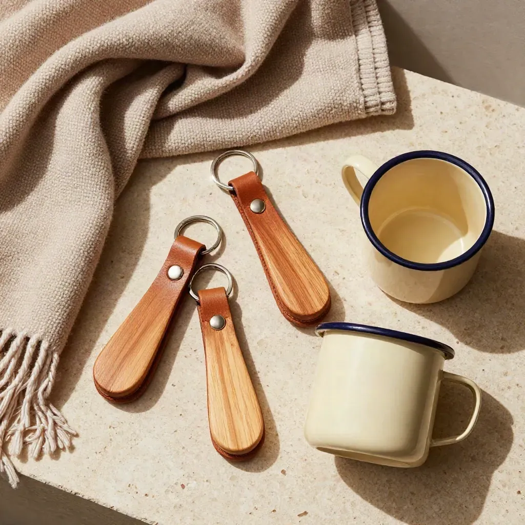 Cedar key fobs, throw blanket, and enamel mugs on pale travertine in raking light.
