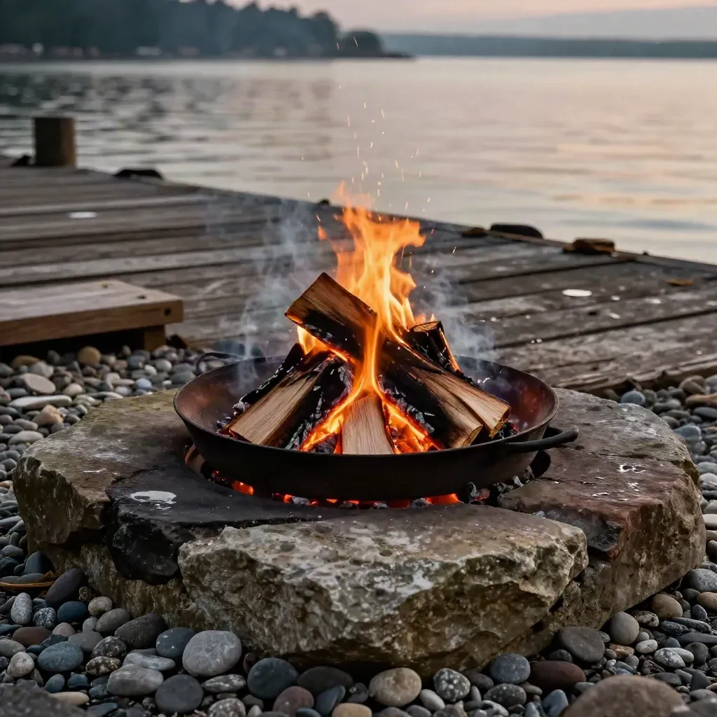 Dockside fire pit glowing beside dark water, sparks rising in dusk smoke