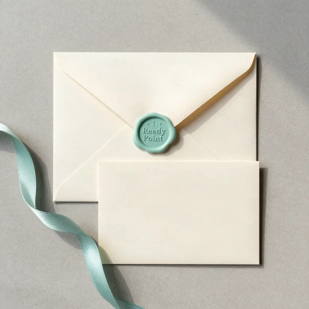Overhead gift card flatlay with envelope, seafoam seal, ribbon, and cream card on pale stone.