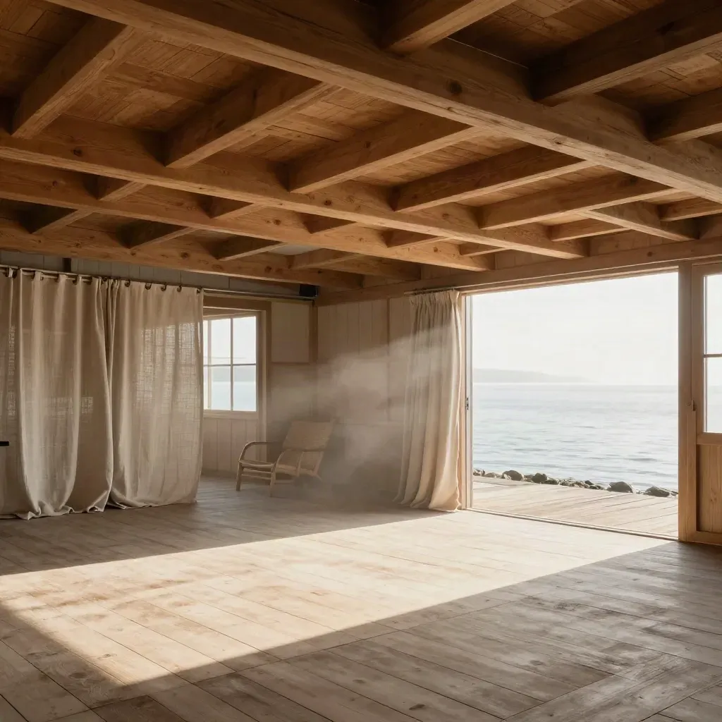 Empty boathouse interior with beams, curtains, chair, and soft morning light by the inlet.
